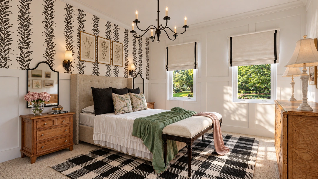 Bed and green throw against botanical wallpaper — Staunton, VA — Retreat Hotel, Studio Dalika; project view 3