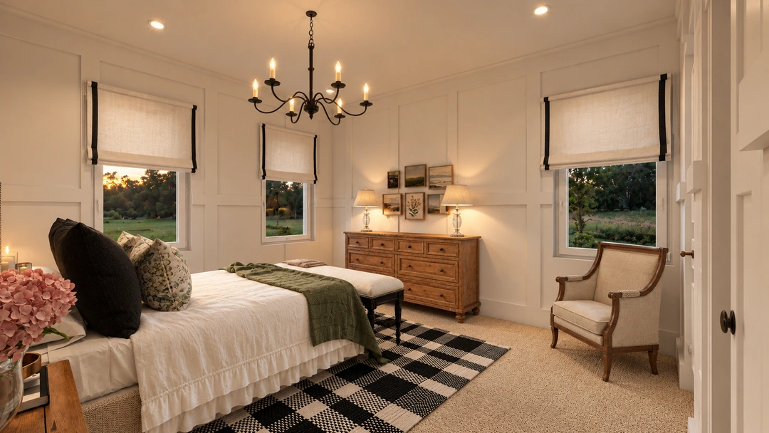Guest bedroom and woven chair in daylight — Staunton, VA — Retreat Hotel, Studio Dalika; project view 4