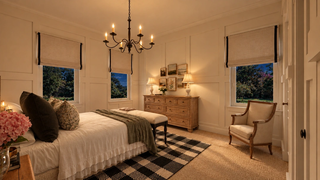 Guest bedroom and woven chair illuminated at night — Staunton, VA — Retreat Hotel, Studio Dalika; project view 5