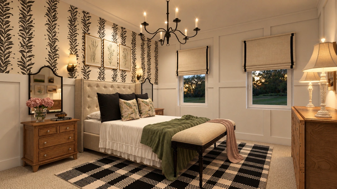 Bed and upholstered bench beneath a black chandelier — Staunton, VA — Retreat Hotel, Studio Dalika; project view 6