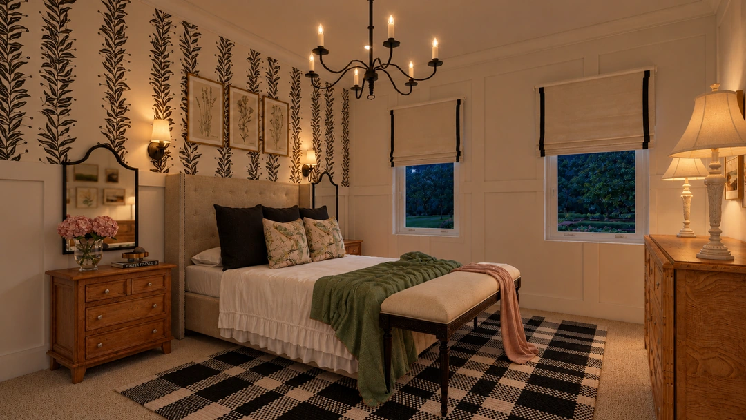 Night view of the bed against botanical wallpaper — Staunton, VA — Retreat Hotel, Studio Dalika; project view 7