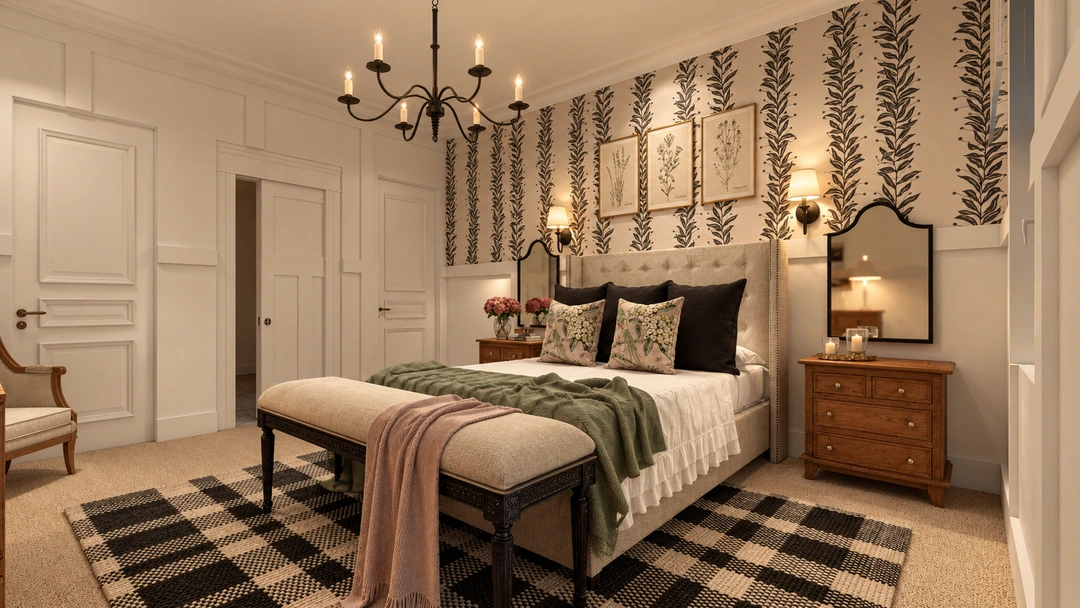 Bed and checked rug beneath a black chandelier in daylight — Staunton, VA — Retreat Hotel, Studio Dalika; project view 8