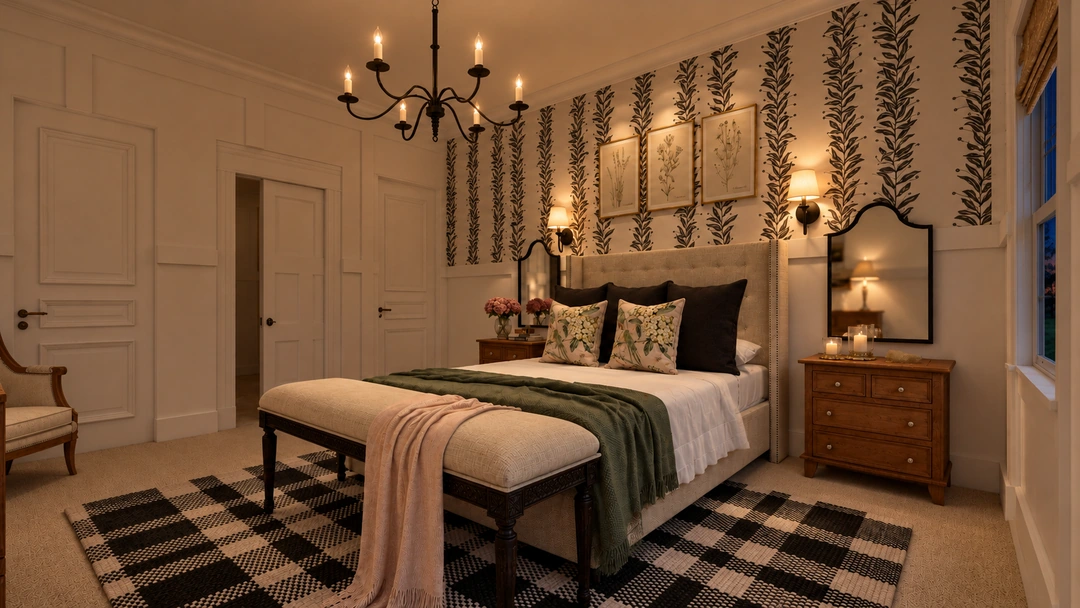 Night bedroom view with checked rug and bedside lighting — Staunton, VA — Retreat Hotel, Studio Dalika; project view 9