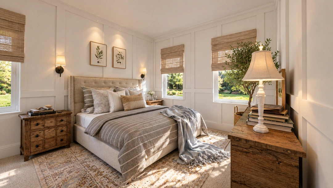 Guest bedroom with framed botanicals and layered bedding — Staunton, VA — Retreat Hotel, Studio Dalika