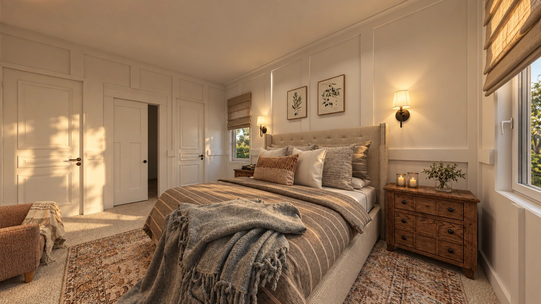 Bed and soft throws in warm afternoon light — Staunton, VA — Retreat Hotel, Studio Dalika; project view 3