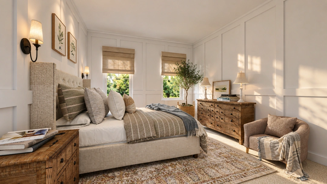 Daylight guest bedroom with a tall dresser and floor lamp — Staunton, VA — Retreat Hotel, Studio Dalika; project view 4