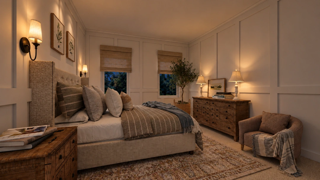 Night view of the guest bed and patterned rug — Staunton, VA — Retreat Hotel, Studio Dalika; project view 5