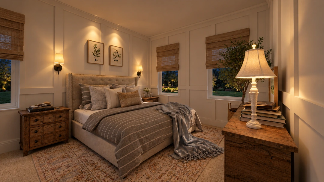 Guest bedroom dresser and floor lamp illuminated at night — Staunton, VA — Retreat Hotel, Studio Dalika; project view 6