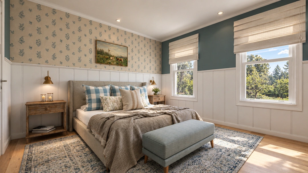 Blue and white bedroom with paneled walls and upholstered bench — Staunton, VA — Retreat Hotel, Studio Dalika