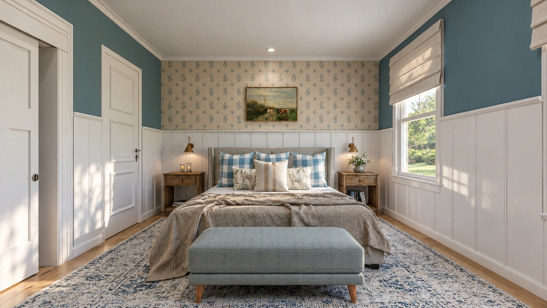 Daylight view of the bed and pale blue bench — Staunton, VA — Retreat Hotel, Studio Dalika; project view 3