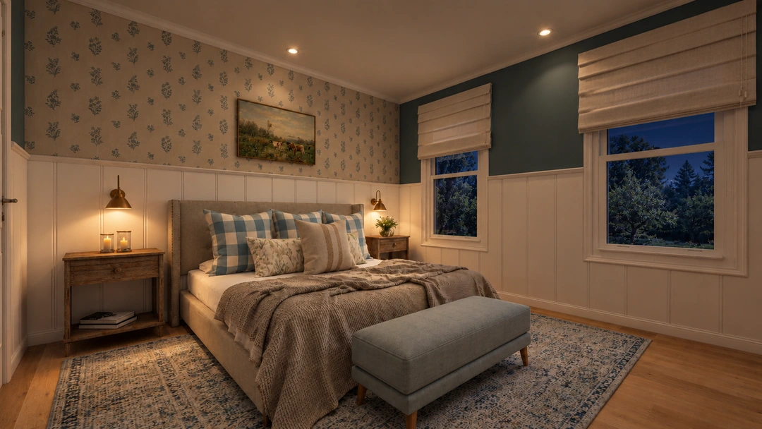 Angled bedroom view with blue walls at night — Staunton, VA — Retreat Hotel, Studio Dalika; project view 4