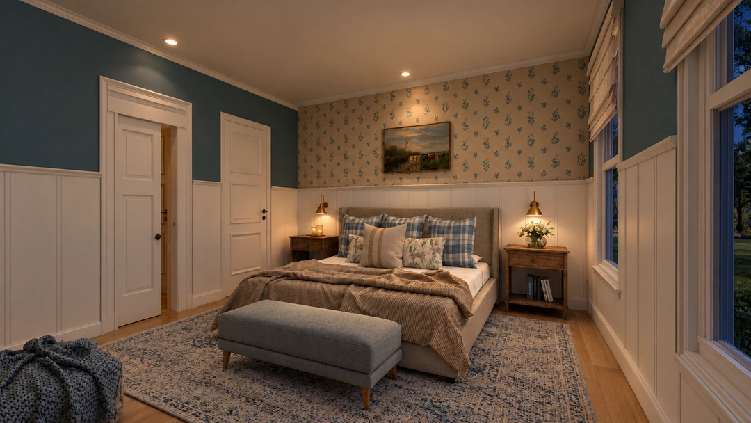 Bed and upholstered bench beneath patterned wallpaper at night — Staunton, VA — Retreat Hotel, Studio Dalika; project view 5