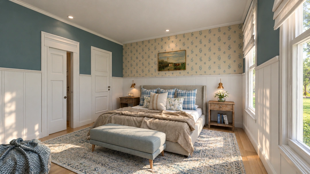 Daylight bedroom with paneled walls and landscape artwork — Staunton, VA — Retreat Hotel, Studio Dalika; project view 6