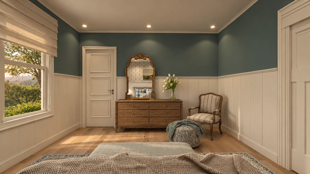 Timber dresser and mirror beneath blue walls — Staunton, VA — Retreat Hotel, Studio Dalika; project view 7
