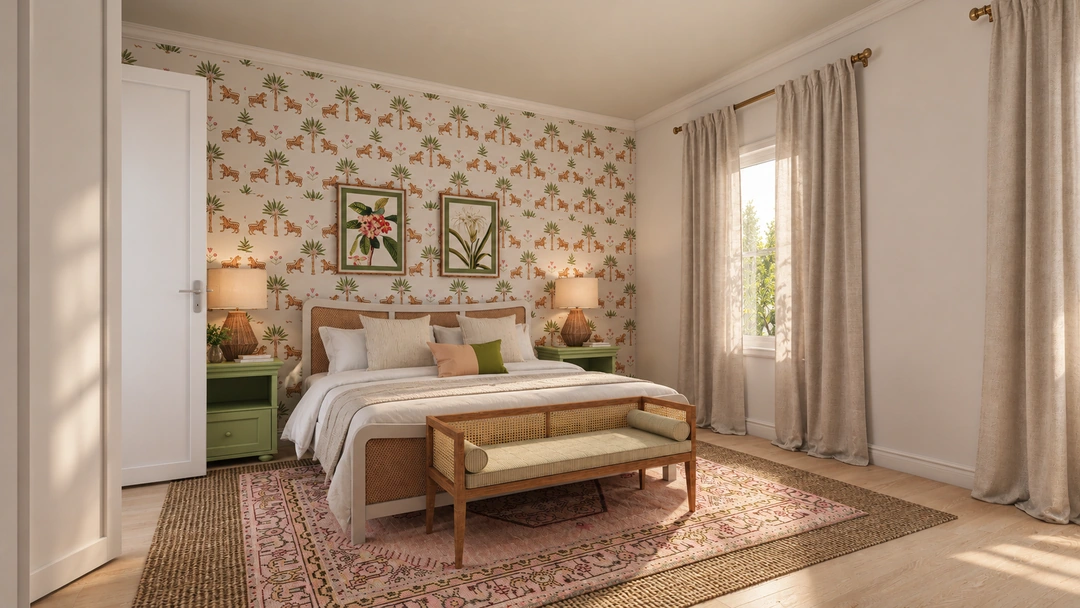 Guest bedroom with floral wallpaper and green nightstands — Miami Beach, FL — Boutique Hotel, Studio Dalika