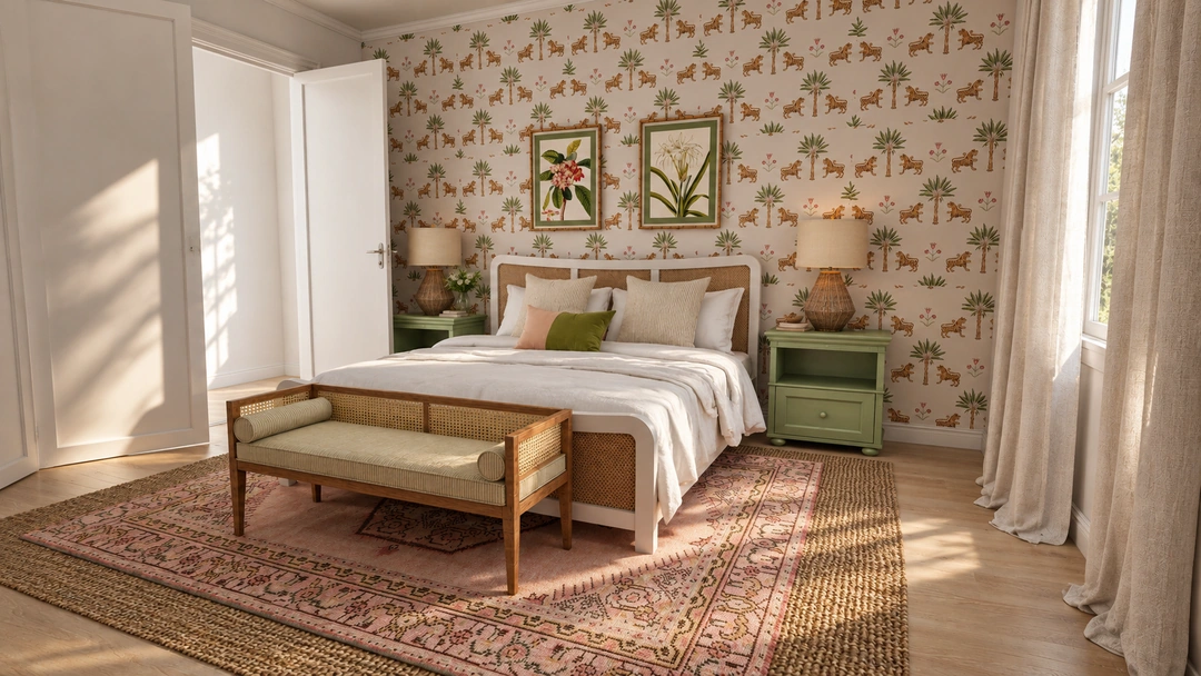 Angled view of the floral bedroom and textured rug — Miami Beach, FL — Boutique Hotel, Studio Dalika; project view 3