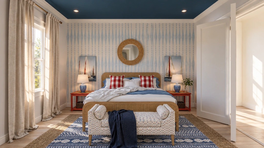 Guest bedroom with blue ceiling and patterned textiles — Miami Beach, FL — Boutique Hotel, Studio Dalika