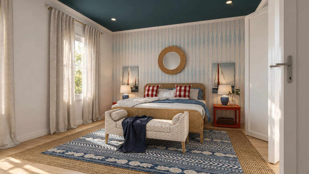 Angled bedroom view with red nightstands and blue rug — Miami Beach, FL — Boutique Hotel, Studio Dalika; project view 3