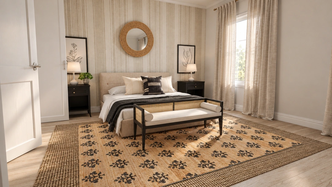 Neutral bedroom with striped wallpaper and dark bedside tables — Miami Beach, FL — Boutique Hotel, Studio Dalika
