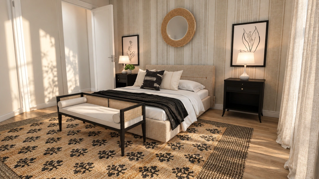 Angled view of the neutral bedroom and framed botanical art — Miami Beach, FL — Boutique Hotel, Studio Dalika; project view 3
