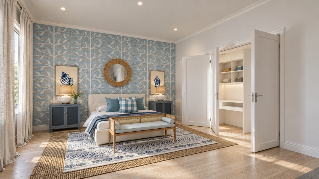 Blue and white bedroom with leaf-pattern wallpaper — Miami Beach, FL — Boutique Hotel, Studio Dalika