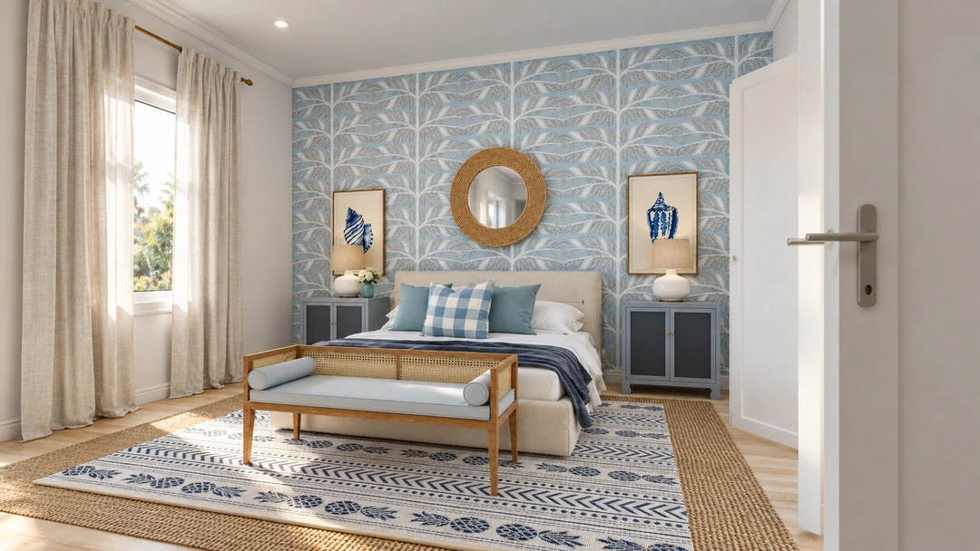 Angled bedroom view with a round mirror and upholstered bench — Miami Beach, FL — Boutique Hotel, Studio Dalika; project view 3