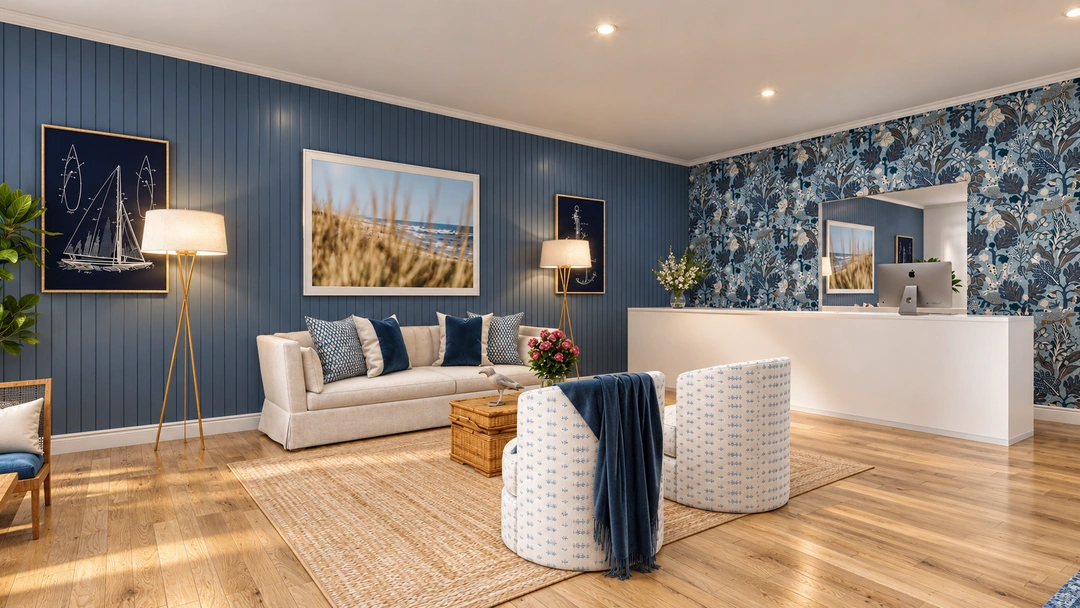 Blue-paneled hotel lounge with sofa and reception desk — Miami Beach, FL — Boutique Hotel, Studio Dalika