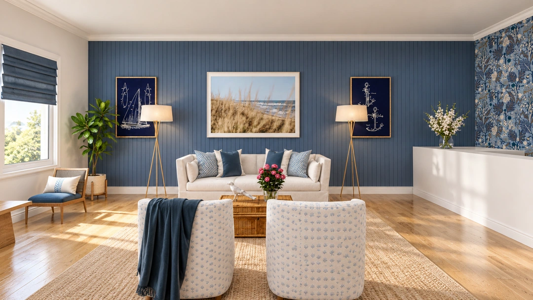 Frontal lounge view with coastal artwork and pale seating — Miami Beach, FL — Boutique Hotel, Studio Dalika; project view 3