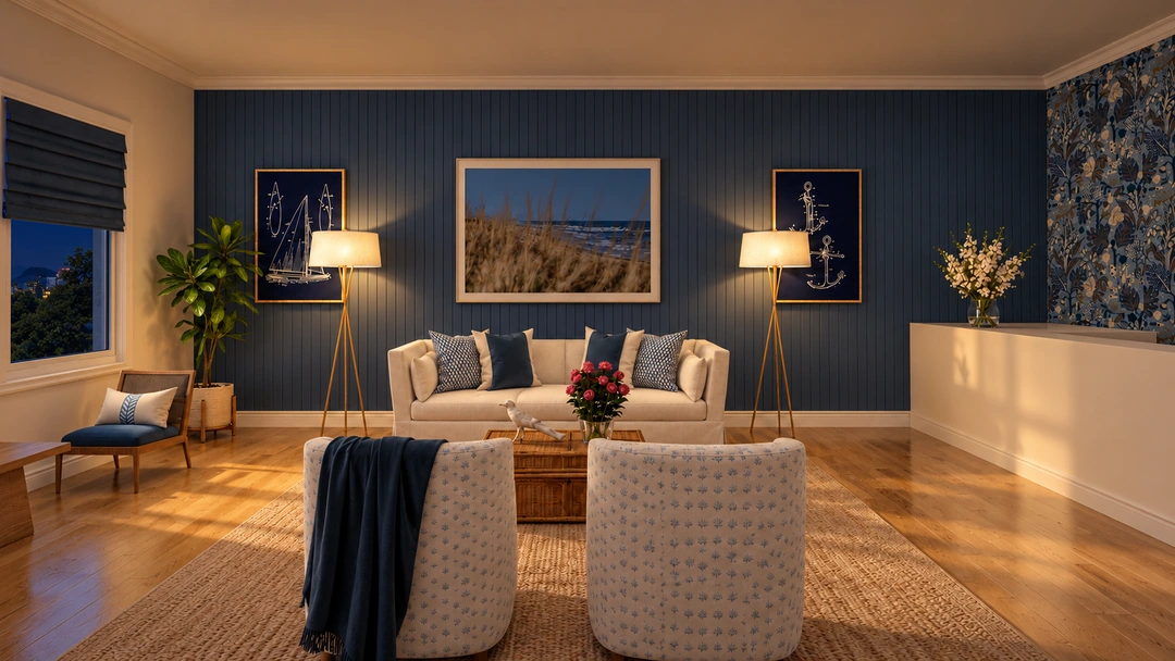 Blue hotel lounge and woven chairs at night — Miami Beach, FL — Boutique Hotel, Studio Dalika; project view 4