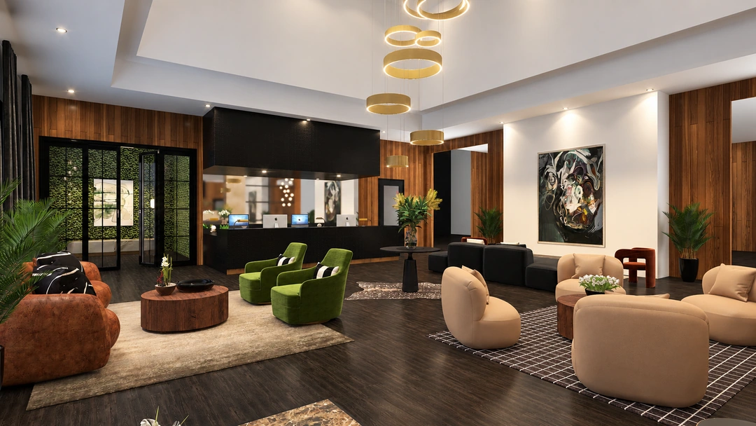Hotel lobby with green armchairs and suspended ring lights — Atlanta, GA — Hotel Lobby, Studio Dalika