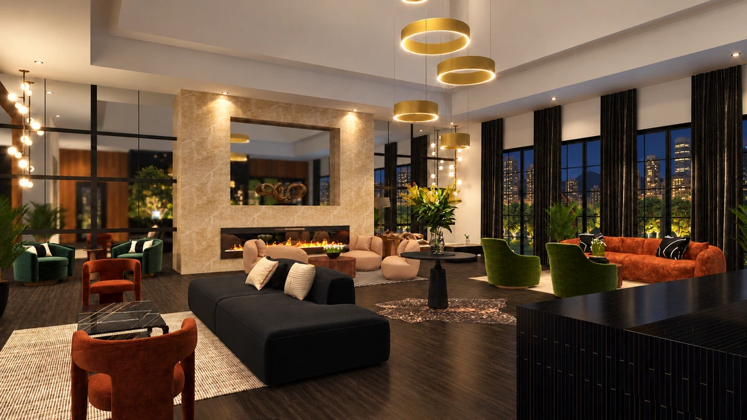 Hotel lounge beneath ring lights beside night windows — Atlanta, GA — Hotel Lobby, Studio Dalika; project view 3