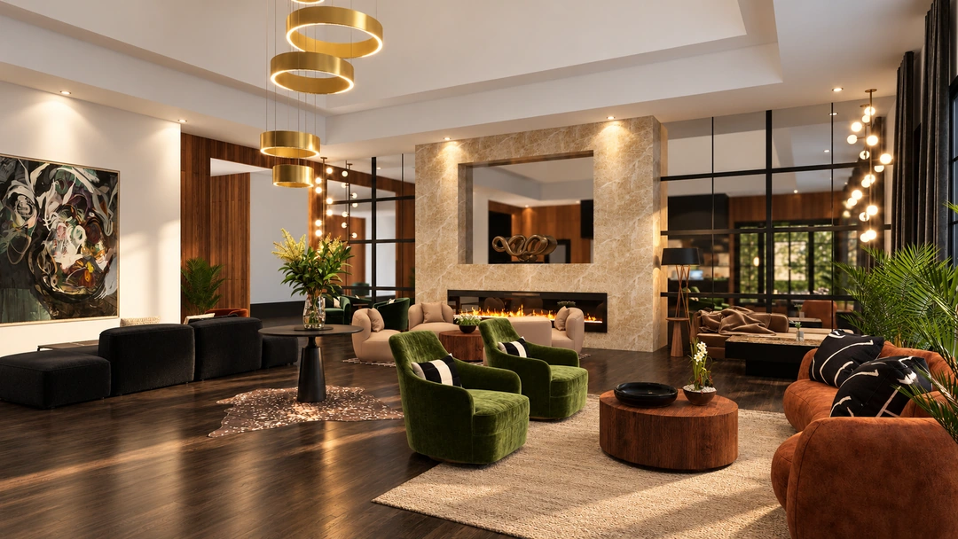 Daylight lobby with green seating and warm timber walls — Atlanta, GA — Hotel Lobby, Studio Dalika; project view 4