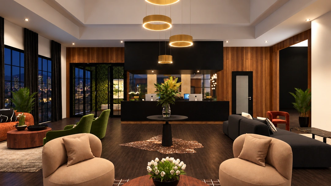 Night view of the lobby and suspended ring lights — Atlanta, GA — Hotel Lobby, Studio Dalika; project view 5
