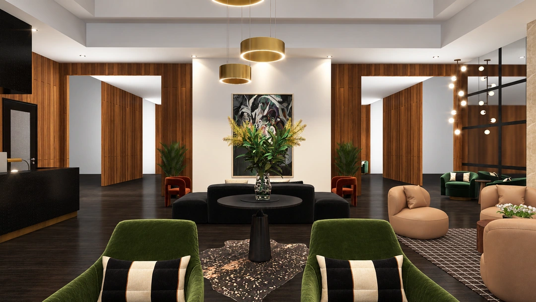 Pale lounge chairs facing the lobby artwork and fireplace — Atlanta, GA — Hotel Lobby, Studio Dalika; project view 6