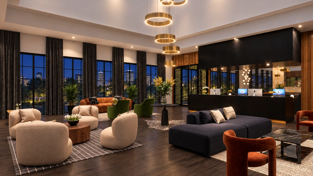 Wide lobby seating area and reception desk at night — Atlanta, GA — Hotel Lobby, Studio Dalika; project view 7