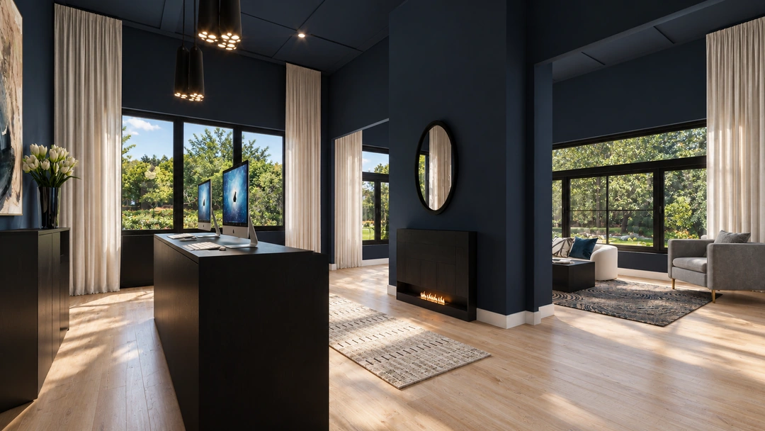 Dark blue reception with a freestanding desk and garden glazing — Houston, TX — Boutique Hotel Lobby, Studio Dalika