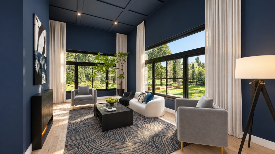 Blue hotel lounge with pale seating and tall garden windows — Houston, TX — Boutique Hotel Lobby, Studio Dalika; project view 3