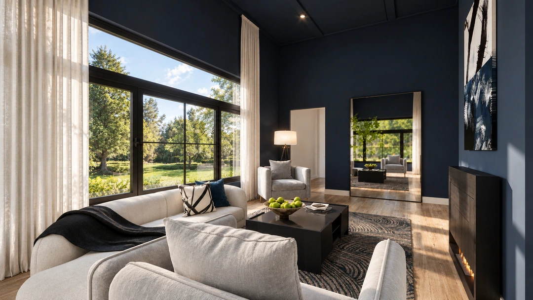 Daylight lounge seating beside a fireplace — Houston, TX — Boutique Hotel Lobby, Studio Dalika; project view 4