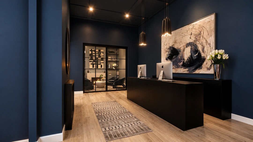Dark blue reception desk illuminated at night — Houston, TX — Boutique Hotel Lobby, Studio Dalika; project view 5