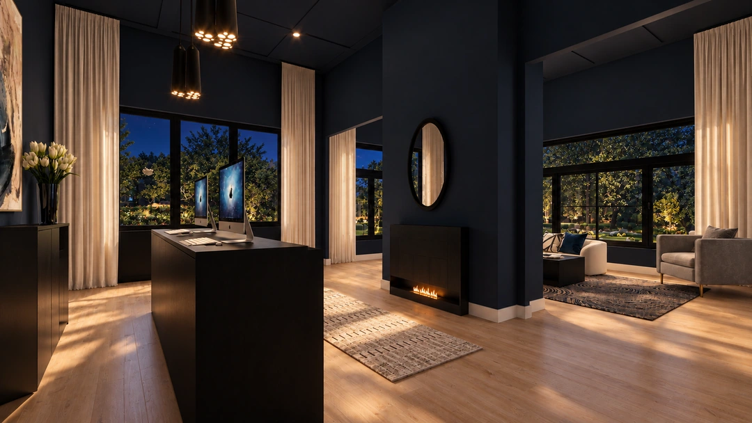 Night view across the reception and connecting lounge — Houston, TX — Boutique Hotel Lobby, Studio Dalika; project view 6