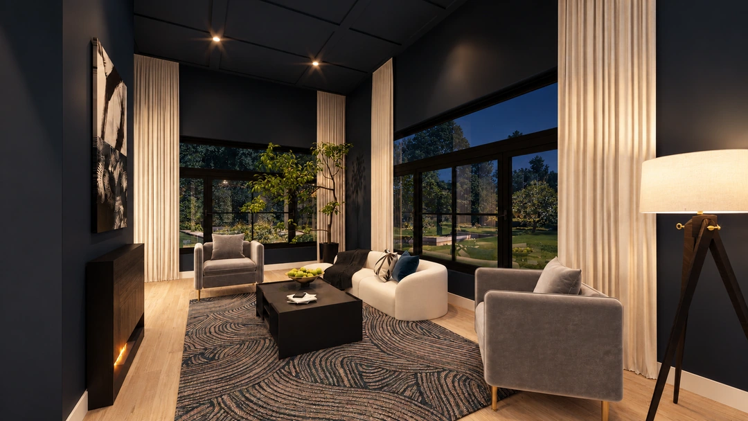 Hotel lounge with pale seating and night glazing — Houston, TX — Boutique Hotel Lobby, Studio Dalika; project view 7