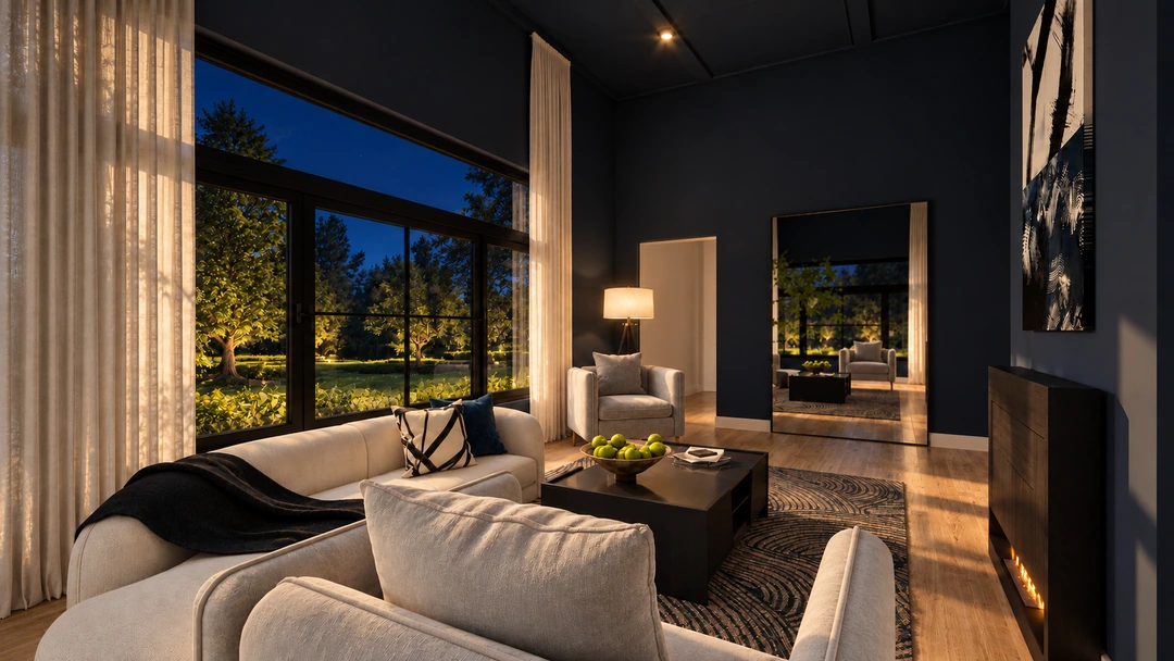 Sofa and lounge chairs beside the night window — Houston, TX — Boutique Hotel Lobby, Studio Dalika; project view 8