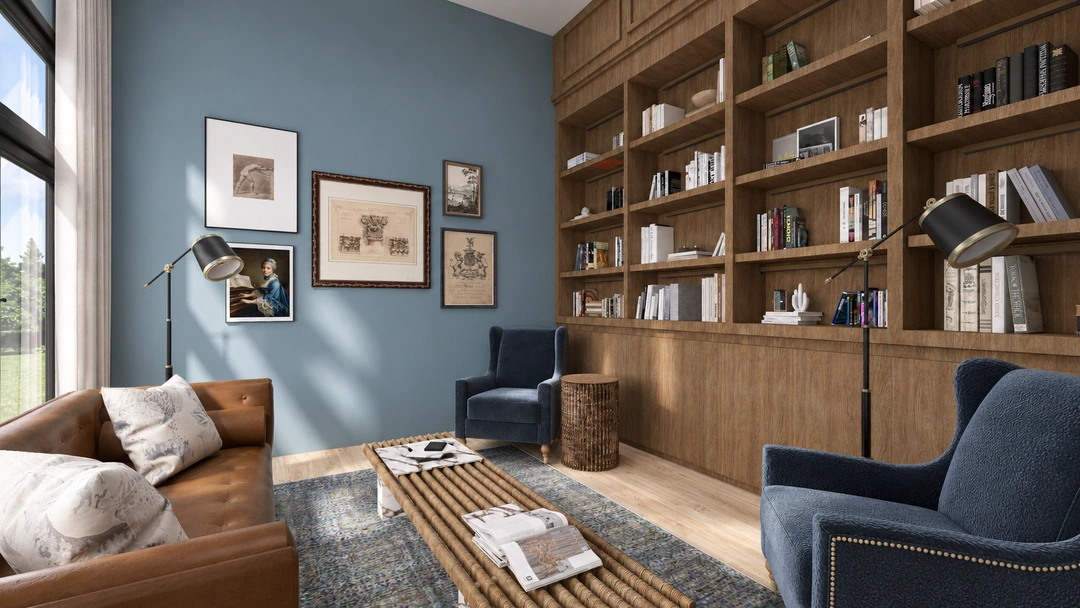 Reading room with timber bookcases and blue seating — Houston, TX — Boutique Hotel Reading Room, Studio Dalika