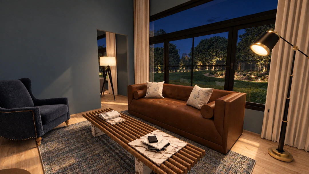 Brown sofa beside the reading room window at night — Houston, TX — Boutique Hotel Reading Room, Studio Dalika; project view 5