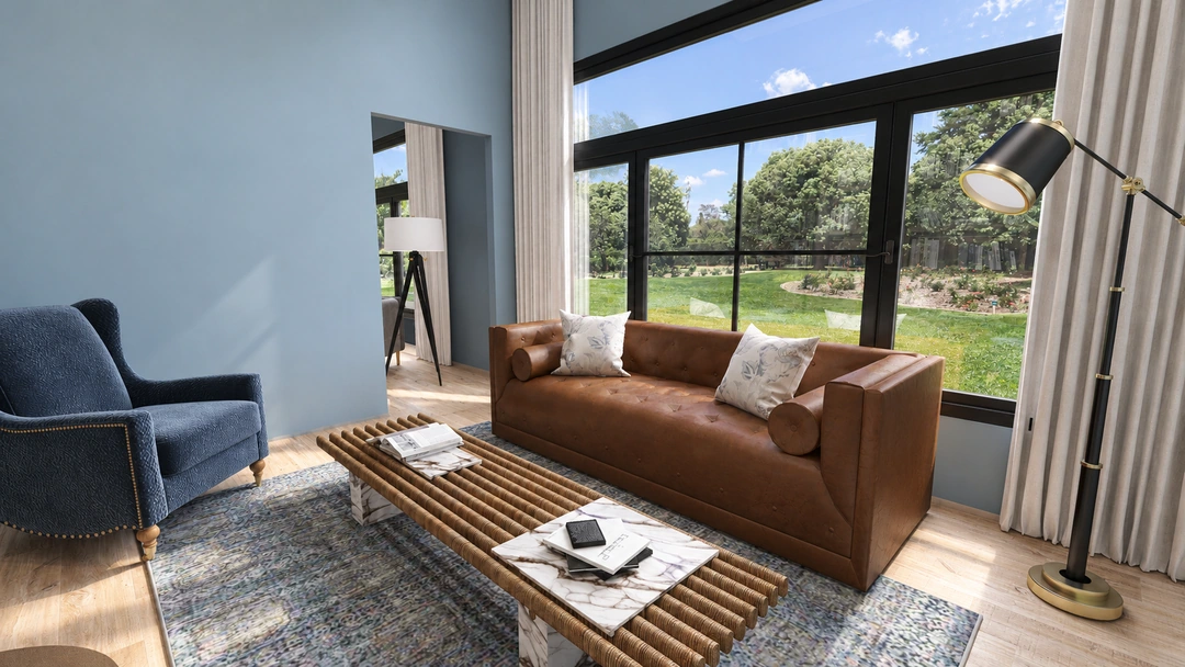 Daylight sofa and reading table beside the garden window — Houston, TX — Boutique Hotel Reading Room, Studio Dalika; project view 6