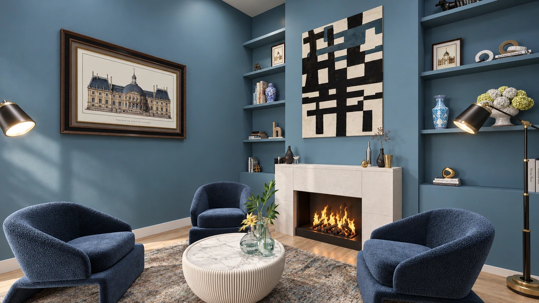 Private lounge with blue chairs around a fireplace — Houston, TX — Boutique Hotel Private Room, Studio Dalika