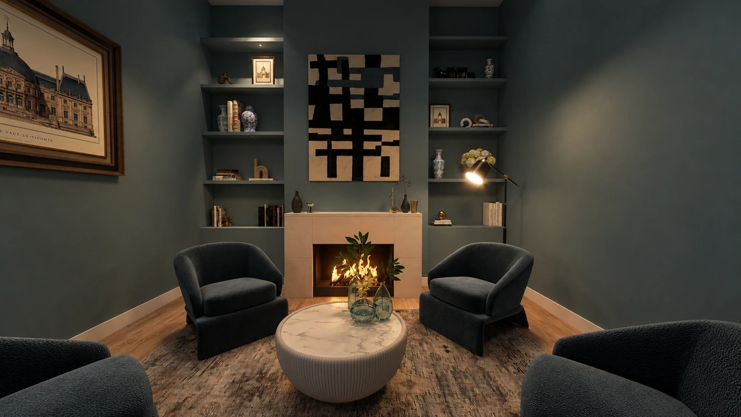 Private lounge and fireplace illuminated in the evening — Houston, TX — Boutique Hotel Private Room, Studio Dalika; project view 3