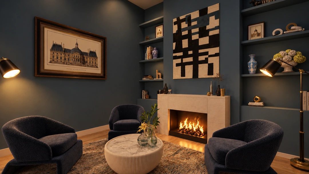 Close view of the seating and lit fireplace at night — Houston, TX — Boutique Hotel Private Room, Studio Dalika; project view 4