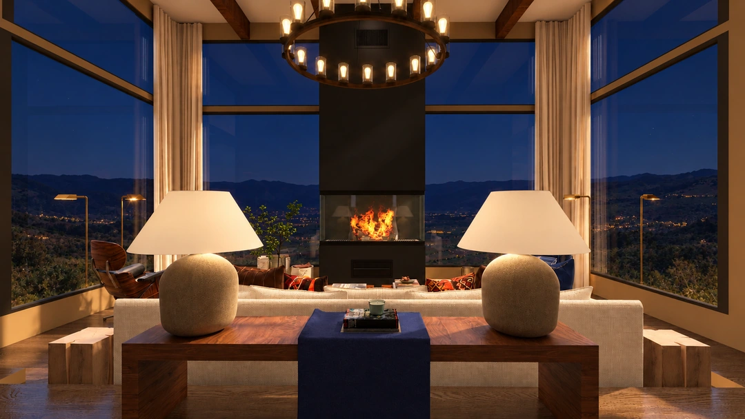 Night view toward a fireplace and mountain glazing — Winter Park, CO — Lodge, Studio Dalika; project view 3