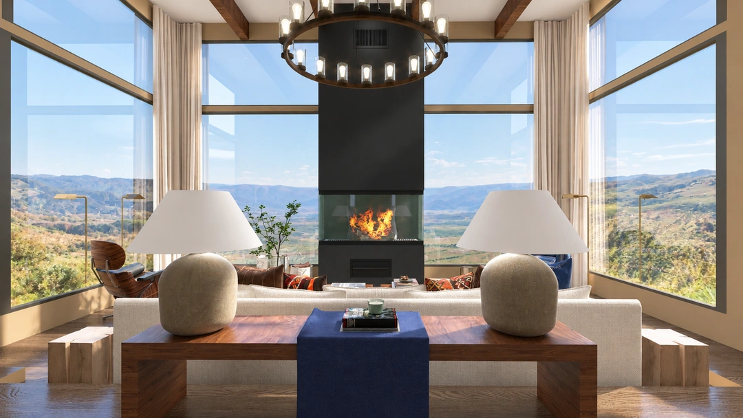 Daylight lodge seating facing a central fireplace — Winter Park, CO — Lodge, Studio Dalika; project view 4
